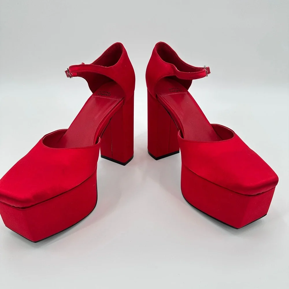 Jeffrey Campbell Over N Out‎ Red Satin Platform Mary Jane Heels Square Toe 9